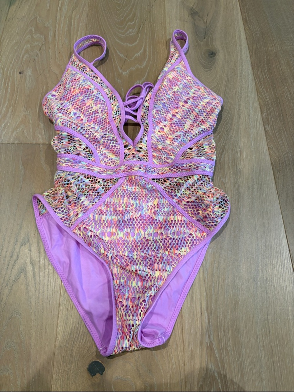 BECCA Size Medium Pink Multicolor Crochet One-Piece Swimsuit.